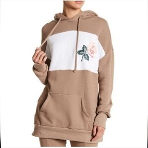 Wildfox, Oversized Colorblock Embroidered Roses Hoodie, Brown/Cream/Pink, Size M